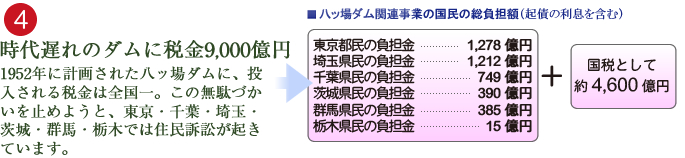 時代遅れのダムに税金9,000億円。1952年に計画された八ッ場ダムに、投入される税金は全国一。この無駄づかいを止めようと、東京・千葉・埼玉・茨城・群馬・栃木では住民訴訟が起きています。