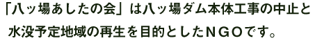 八ッ場あしたの会は、八ッ場ダム本体工事の中止と水没予定地域の再生を目的としたNGOです。